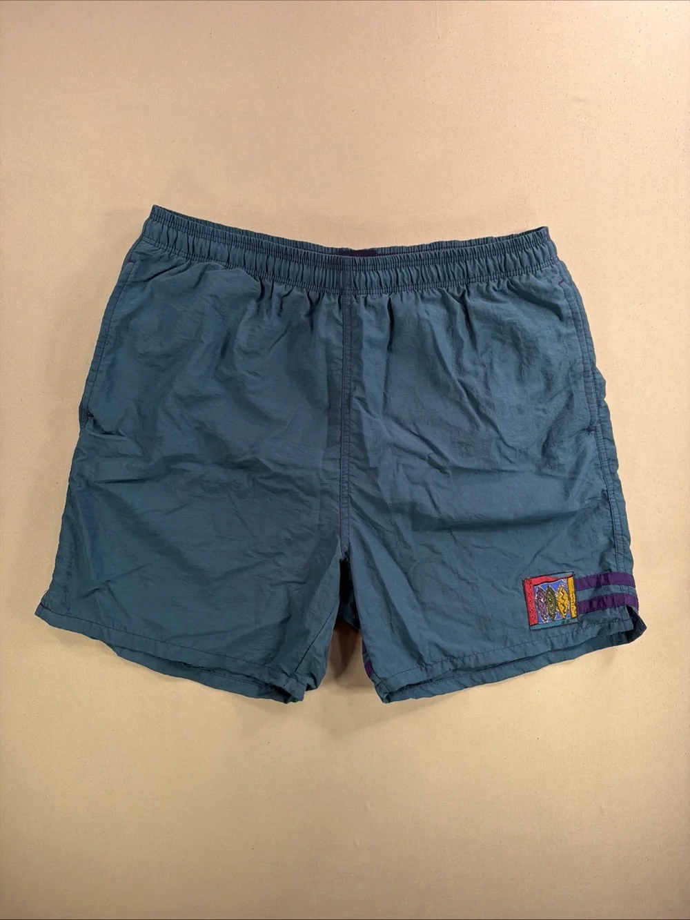 Vintage Men's Teal Elastic-Waist Swim Trunks with Embroidered Logo Patch